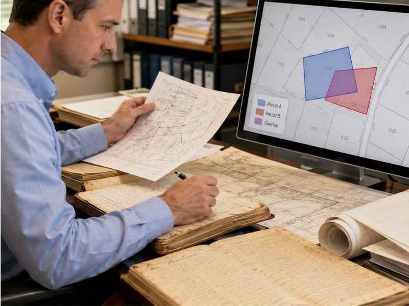 Cadastral surveyor overlapping parcel records enterprise alabama | Enterprise Land Surveying Man in a blue shirt analyzes old maps at a desk, with a computer screen showing parcel maps labeled Parcel A and B.