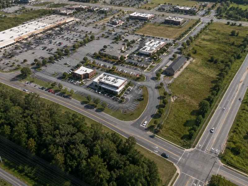 Commercial property surveyor buildings on separate parcels Enterprise Alabama | Enterprise Land Surveying Aerial view of a suburban business park with office buildings, parking lots, and surrounding roads.