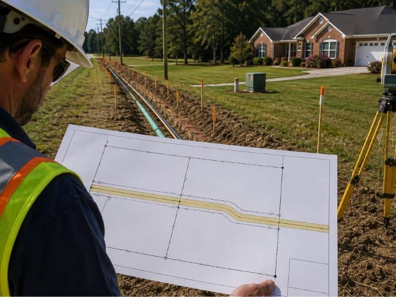 Plat of Survey for Utility Easement | Enterprise Land Surveying Surveyor reviewing a plat of survey showing a proposed utility easement corridor with utility lines and marked boundaries
