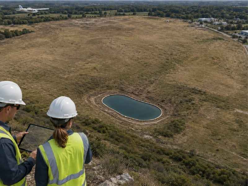 lidar mapping detention pond site comparison enterprise alabama | Enterprise Land Surveying Aerial view of two construction workers in high-visibility vests and hard hats examining a tablet, overlooking a kidney-shaped pond in a dry field; a small airplane in the sky.