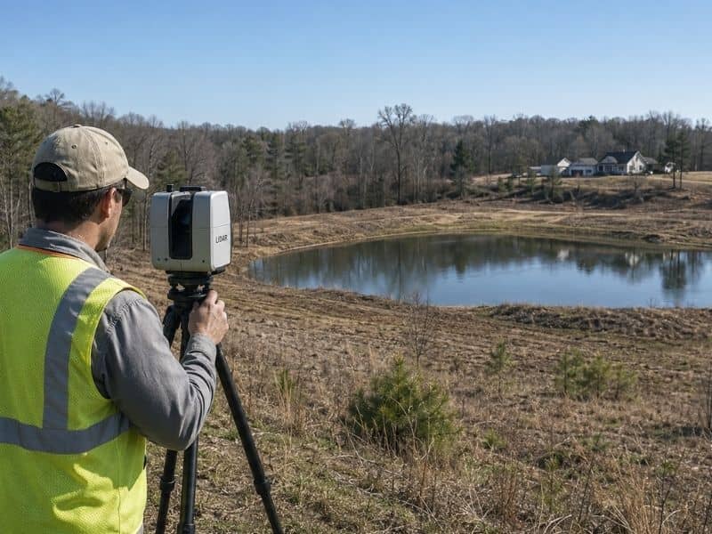 Surveyor using LiDAR mapping to plan a pond expansion on rural land near a Dothan homesite.