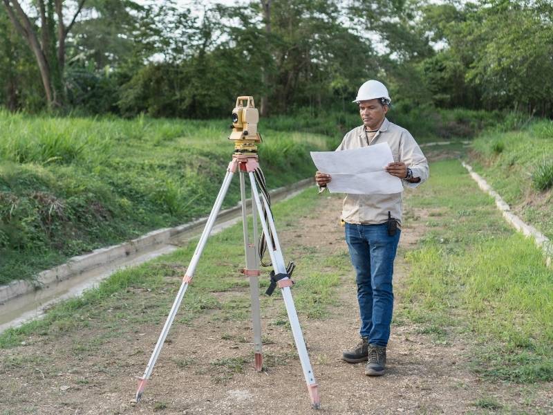 Cadastral surveyor using surveying equipment to verify land boundaries and field conditions in Enterprise Alabama